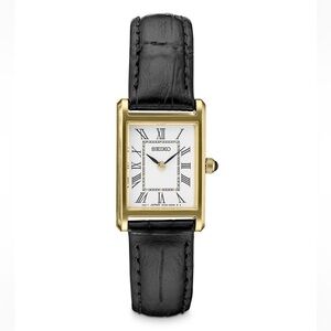 Seiko Essentials Gold-Tone Rectangular Watch with Black Leather Strap